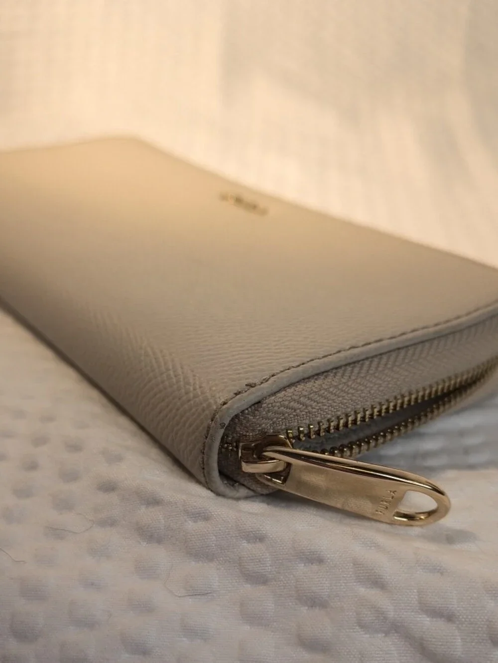 Furla Pebbled Leather Zip Wallet in Light Beige with Gold Logo (Ballerina)